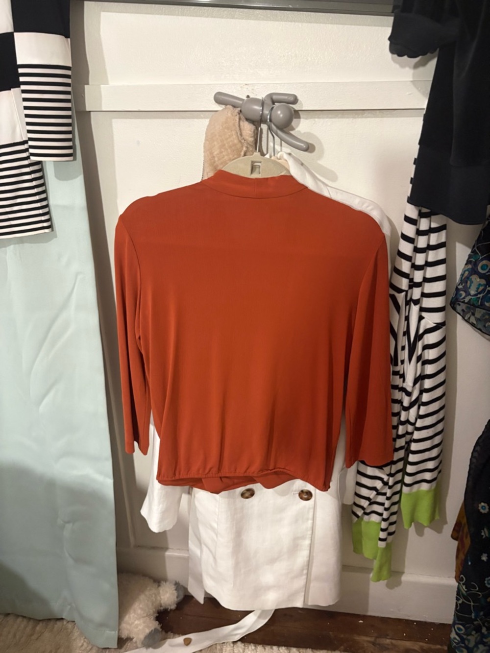 MM Lafleur orange-Rust draped faux Wrap Top Jersey work long sleeve small - Picture 6 of 6
